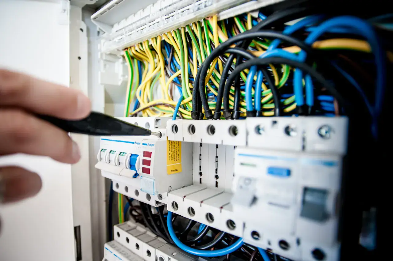 Close-up of breakers and wiring in a distribution board